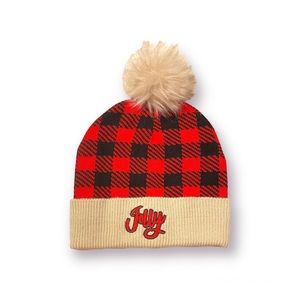 Red And Black Plaid Faux Fur Unisex Knit Winter Beanie With Pom Ball